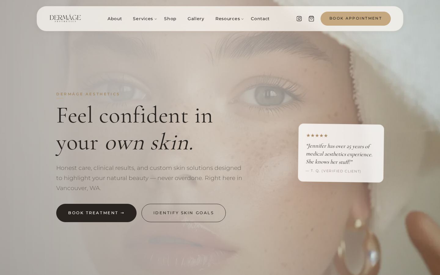 Homepage of Dermáge Aesthetics shown in a desktop browser