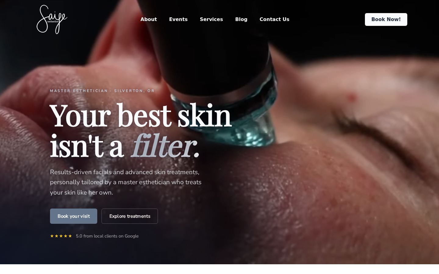 Homepage of Saije Esthetics shown in a desktop browser